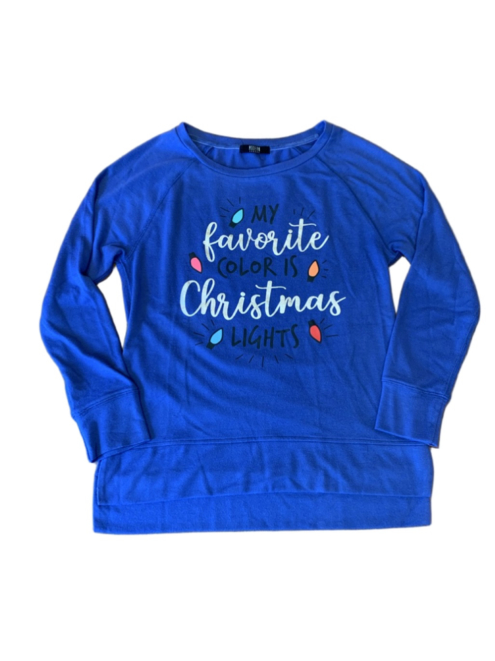 Modern Canvas Christmas Sweatshirt Medium Royal Blue with Christmas Lights